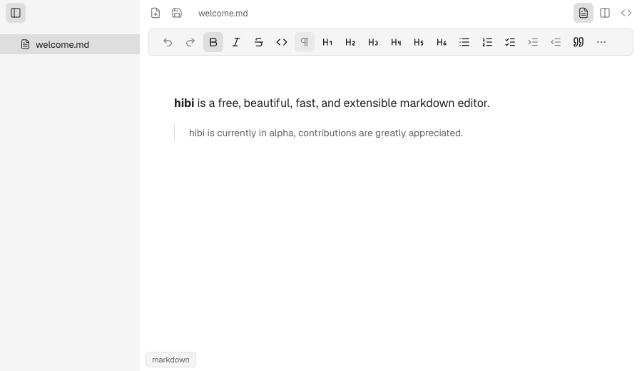 hibi editor showing welcome.md.